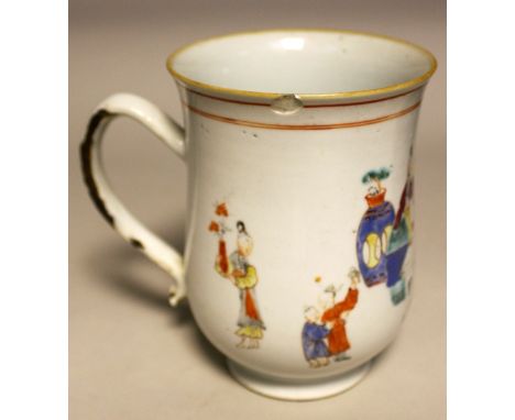 A Chinese export hand painted porcelain tankard, the bell shaped body decorated with Chinese figures, the handle with heart s