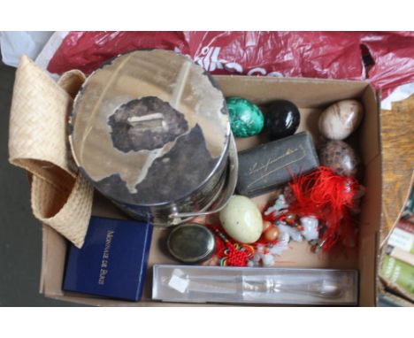 A mixed lot including five specimen stone eggs, a modern Chinese jade style item of jewellery, a silver plated knife, an ice 