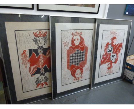 Three original linoprints of playing cards, framed (af)