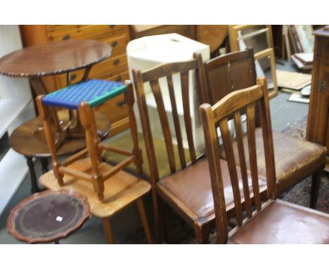 4 side tables, a painted book shelf, 2 stools and 3 oak chairs