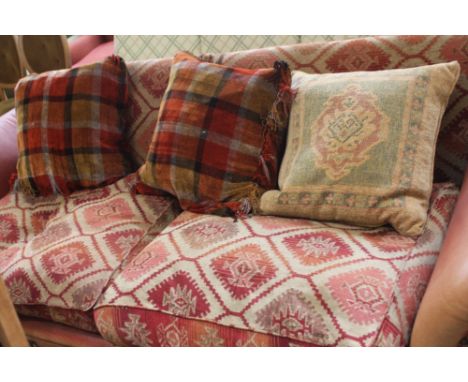 A leather and tapestry 3 seater sofa with geometric print with throw cushions, 260cm