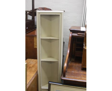 A small painted pine corner shelf, 2 shelves over cupboard, 30cm wide x 152cm high