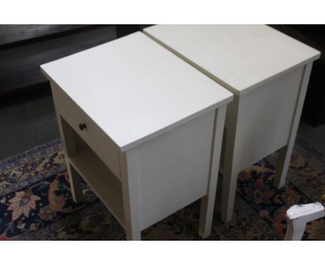 A pair of painted white bed side tables, single drawer over shelf, 50cm x 40cm x 60cm high