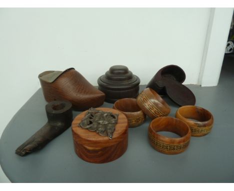 A mixed lot of Treen including an unusual candle stick holder in the from of a foot