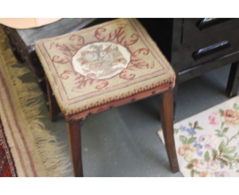 A 19th century mahogany stool with embroidered seat, converted from a childs chair