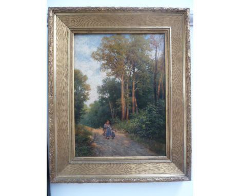 P. E Petrovits, Portrait of a mother and child walking in a forest clearing, oil on panel, framed, 40 x 30cm