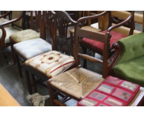 Three Georgian dining chairs, floral, and geometric drop in seats, with a 19thc entury chair with rope seat and a mahogany st