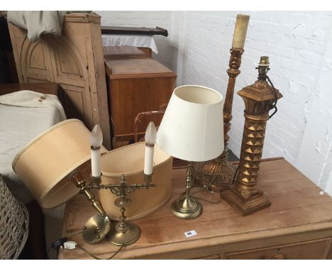 A selection of lamp and lamp bases, including brass and gilt, some with shades