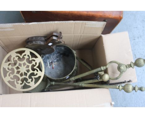 19th century fireside tools including, brass trivet, brass pot, poker, shovel, tongs and bellows 