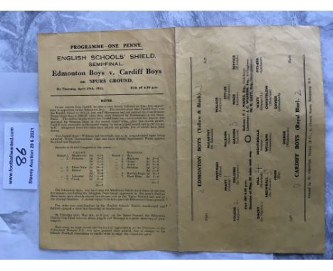 1932/33 Edmonton Boys v Cardiff Boys Football Programme: Played at Tottenham for the Semi Final of the English Schools Shield