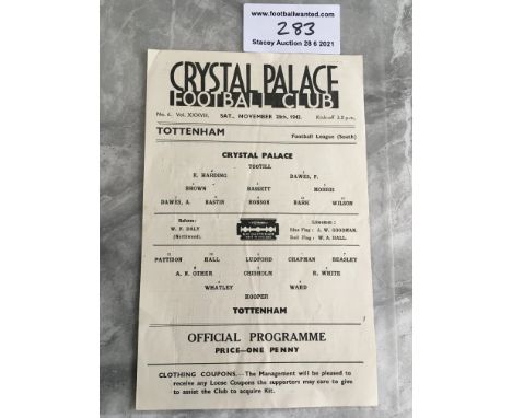 42/43 Crystal Palace v Tottenham Football Programme: Single sheet with no team changes. Very good condition Football League S