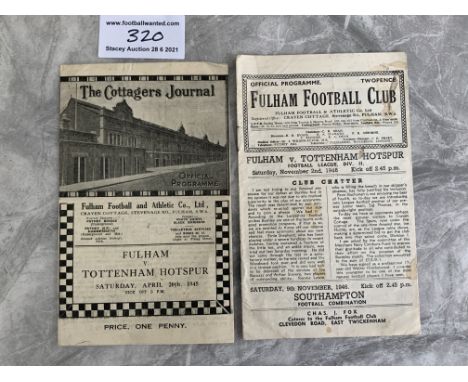 1940s Fulham v Tottenham Football Programmes: Fair/good condition with no team changes. 44/45 is good and 46/47 has a few tea