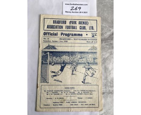 47/48 Bradford Park Avenue v Tottenham Football Programme: Good condition with no team changes but light fold.