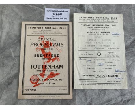 Brentford Reserves v Tottenham Football Programmes: 52/53 Combination Cup, 55/56 Combination both fair/good with team changes