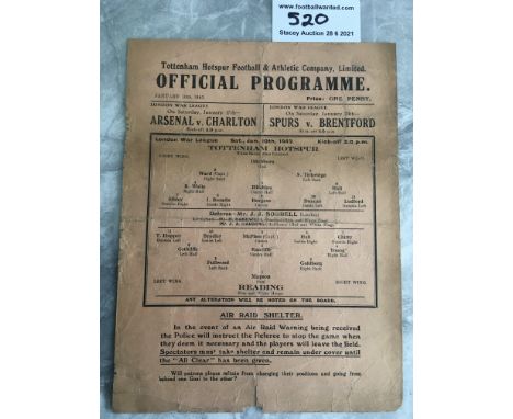 1941/42 Tottenham v Reading Football Programme: League match dated 10 1 1942 with no team changes. Fair condition single shee