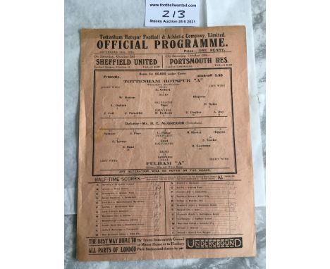1936/37 Tottenham A v Fulham A Friendly Football Programme: Fair/good condition with pencilled half times. No team changes on