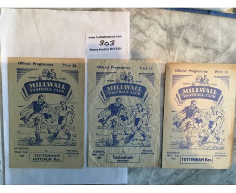 1950s Millwall v Tottenham Reserve Football Programmes: Very good condition Football Combination League matches with no team 