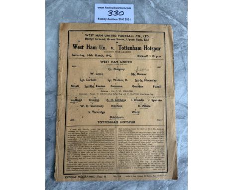 41/42 West Ham v Tottenham Football Programme: Fair condition with team changes. Dated 14 3 1942. London War League. Bit of w