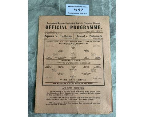 1939/40 Tottenham v West Ham Football Programme: League match dated 6 4 1940 with no team changes. Good condition single shee