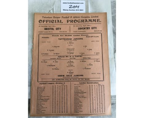 1928/1929 Tottenham Juniors v Ebbw Vale Juniors Friendly Football Programme: Excellent condition ex bound single sheet with n