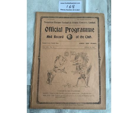 1920/1921 Tottenham v Huddersfield Town Football Programme: Division One match dated 30 4 1921 in good condition with no team