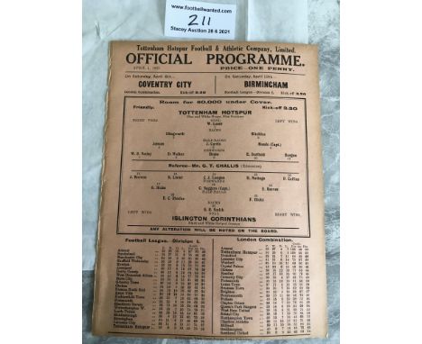 1934/35 Tottenham v Islington Corinthians Friendly Football Programme: Excellent condition single sheet ex bound with no team