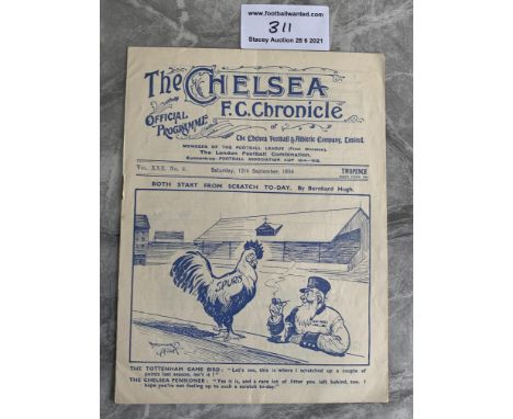 34/35 Chelsea v Tottenham Football Programme: Excellent condition with no team changes. Dated 15 9 1934.