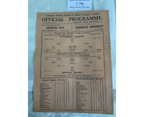 1932/33 Tottenham v Crystal Palace London Challenge Cup Football Programme: Very good condition single sheet with no team cha