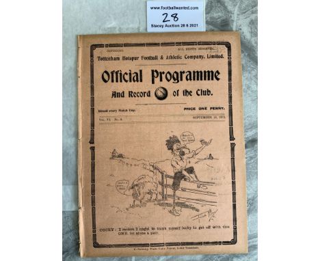 1913/1914 Tottenham Reserves v Brentford Football Programme: South Eastern League dated 20 9 1913. No team changes. Ex bound 