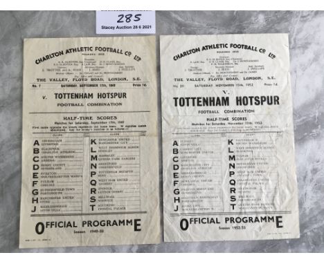 Charlton v Tottenham Reserve Football Programmes: Single sheets with no team changes. Fair/good condition Football Combinatio