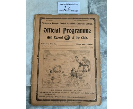 1913/1914 Tottenham Reserves v Norwich City Football Programme: South Eastern League dated 14 2 1914. No team changes. Ex bou