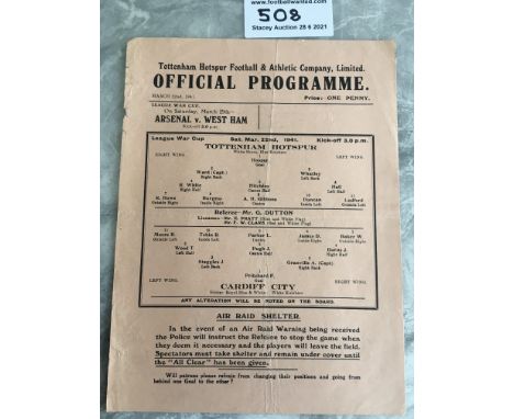 1940/41 Tottenham v Cardiff City Football Programme: War Cup match dated 22 3 1941 with no team changes. Fair/good condition 
