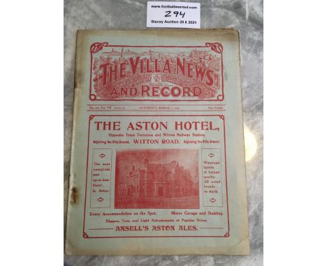 1912/1913 Aston Villa v Tottenham Football Programme: Fair/good condition with no team changes. Rusty staples.
