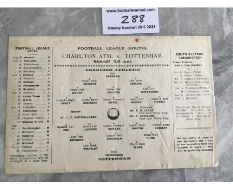 43/44 Charlton v Tottenham Football Programme: Single sheet with no team changes. Good condition Football League South dated 