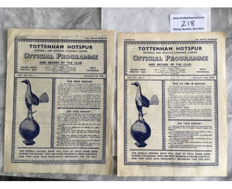 1948 Tottenham Practice Match Football Programmes: Both matches which are dated 7/8 and 14/8. Good condition with writing ins