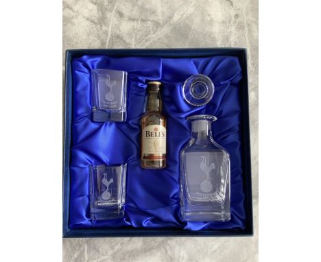 Tottenham Boxed Glass Gifts: A lovely Bells Whisky Miniature bottle with small decanter and two glasses having Tottenham name