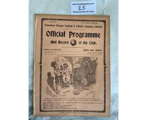 1913/1914 Tottenham Reserves v Bristol City Football Programme: South Eastern League dated 15 11 1913. Team changes. Ex bound