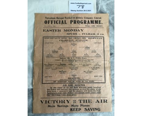 1943 Semi Final Charlton v Reading Football Programme: Played at Tottenham. Fair condition single sheet has heavy folding and