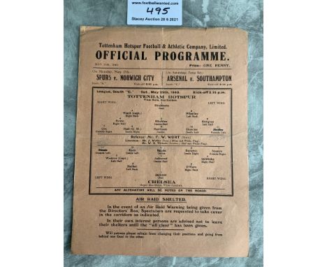 1939/40 Tottenham v Chelsea Football Programme: League match dated 25 5 1940 with no team changes. Good condition single shee