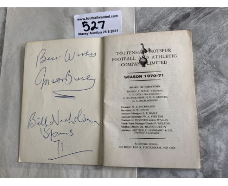 Tottenham 70/71 Signed Football Handbook: Inside blank page is signed by legendary managers Matt Busby and Bill Nicholson. In
