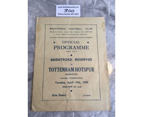 37/38 Brentford v Tottenham London Combination Football Programme: Good condition Reserve match with no team changes. Tiny te