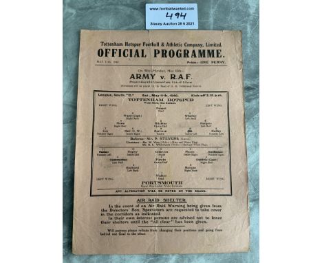 1939/40 Tottenham v Portsmouth Football Programme: League match dated 11 5 1940 with no team changes. Good condition single s