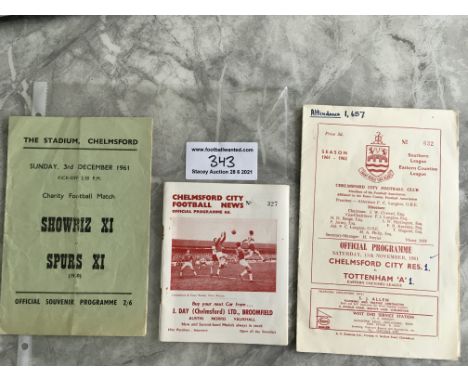 Chelmsford City v Tottenham Football Programmes: 61/62 Showbiz XI v Spurs 1950 XI creased, Easter Counties League with sof an