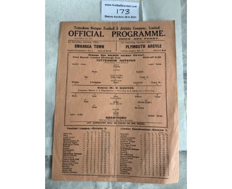 1931/32 Tottenham v Brentford London Challenge Cup Football Programme: Excellent condition single sheet with no team changes 