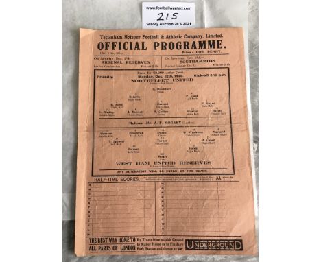 1938/39 Northfleet United v West Ham Reserves Friendly Football Programme: Good condition single sheet with creasing but no t