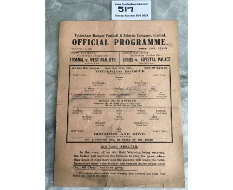 1941/42 Tottenham v Brighton Football Programme: League match dated 11 10 1941 with no team changes. Fair condition single sh