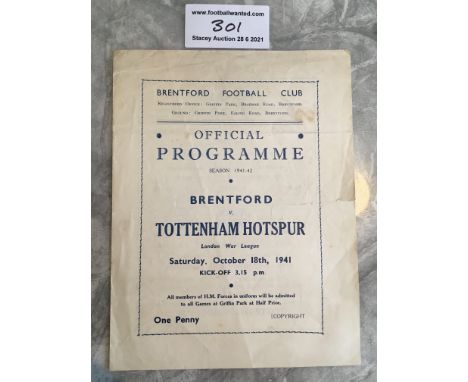 41/42 Brentford v Tottenham Football Programme: Good condition London War League match with no team changes. Tiny tear.
