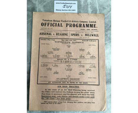 1940/41 Tottenham v Clapton Orient Football Programme: War Cup match dated 4 1 1941 with no team changes. Fair/good condition