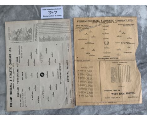 Fulham Reserves v Tottenham Football Programmes: Combination matches for 48/49 with piece missing and 57/58 good. No team cha