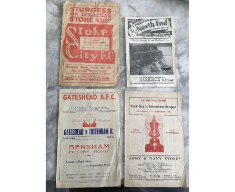Tottenham Away FA Cup Football Programmes: 48/49 Stoke poor, 52/53 Preston fair with rusty staple missing but no team changes